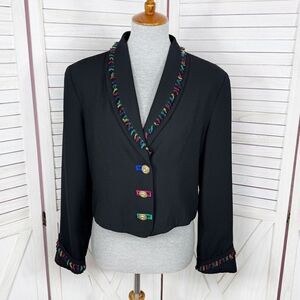 Vtg City Girl Petites Jacket Women 12‎ Med Black 80s Rainbow Fringe Crop Blazer